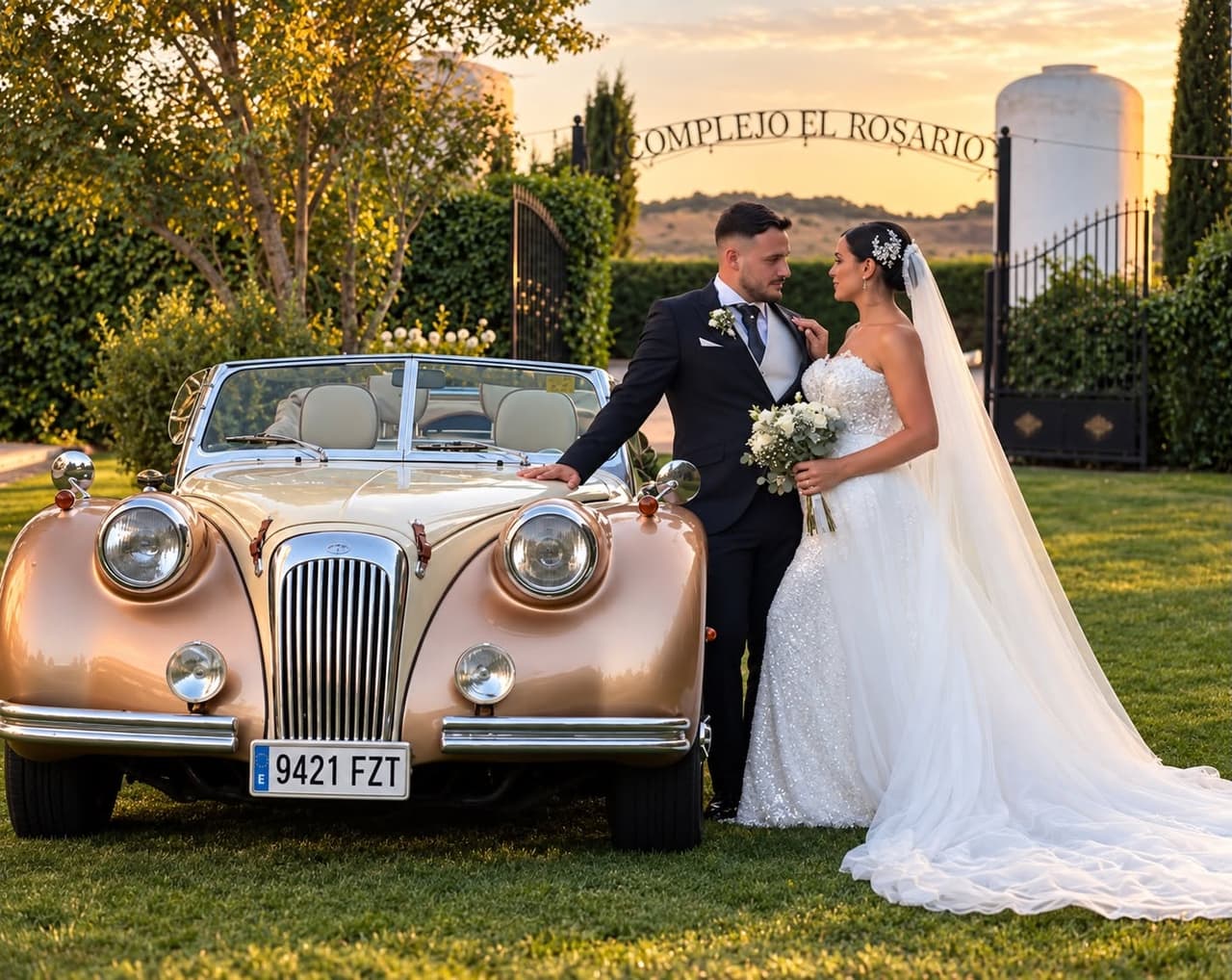 Lorena y Adrián junto al coche de época en el Complejo El Rosario