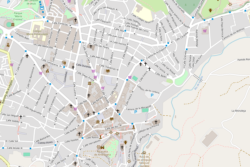 Mapa del centro de Antequera con la oficina de Loaza en la calle Carrera